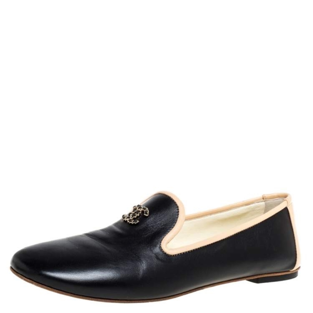 Chanel Black Leather CC Smoking Loafers